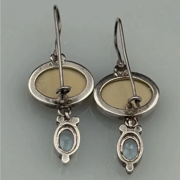 Sterling Silver 925 Abalone Blue Topaz Dangle Earrings French Wire 1.25" L - Picture 3 of 8